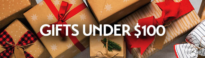 Wrapped Christmas presents with bows and ribbons and the words 'Gifts Under $100' — midrange car care gifts and detailing kits from Griot's Garage.