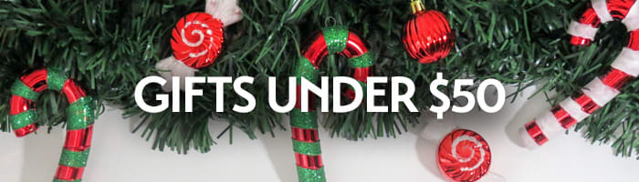 Christmas garland and candy canes with the words 'Gifts Under $50' — affordable car care gifts and stocking stuffers from Griot's Garage.