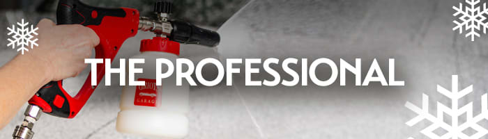 Close-up of a hand using a red foam cannon with the words 'The Professional' — premium car detailing tools and garage gifts for serious car care pros from Griot's Garage.